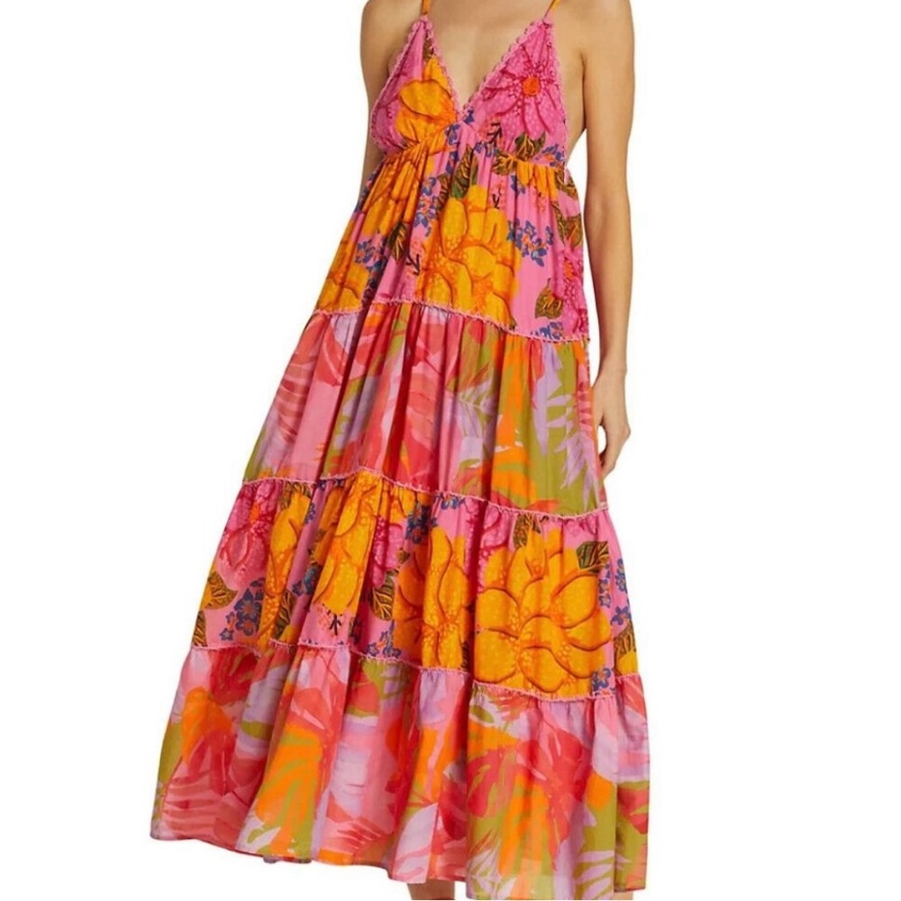 FARM Rio Pink & Orange Tropical Tiered Maxi Dress